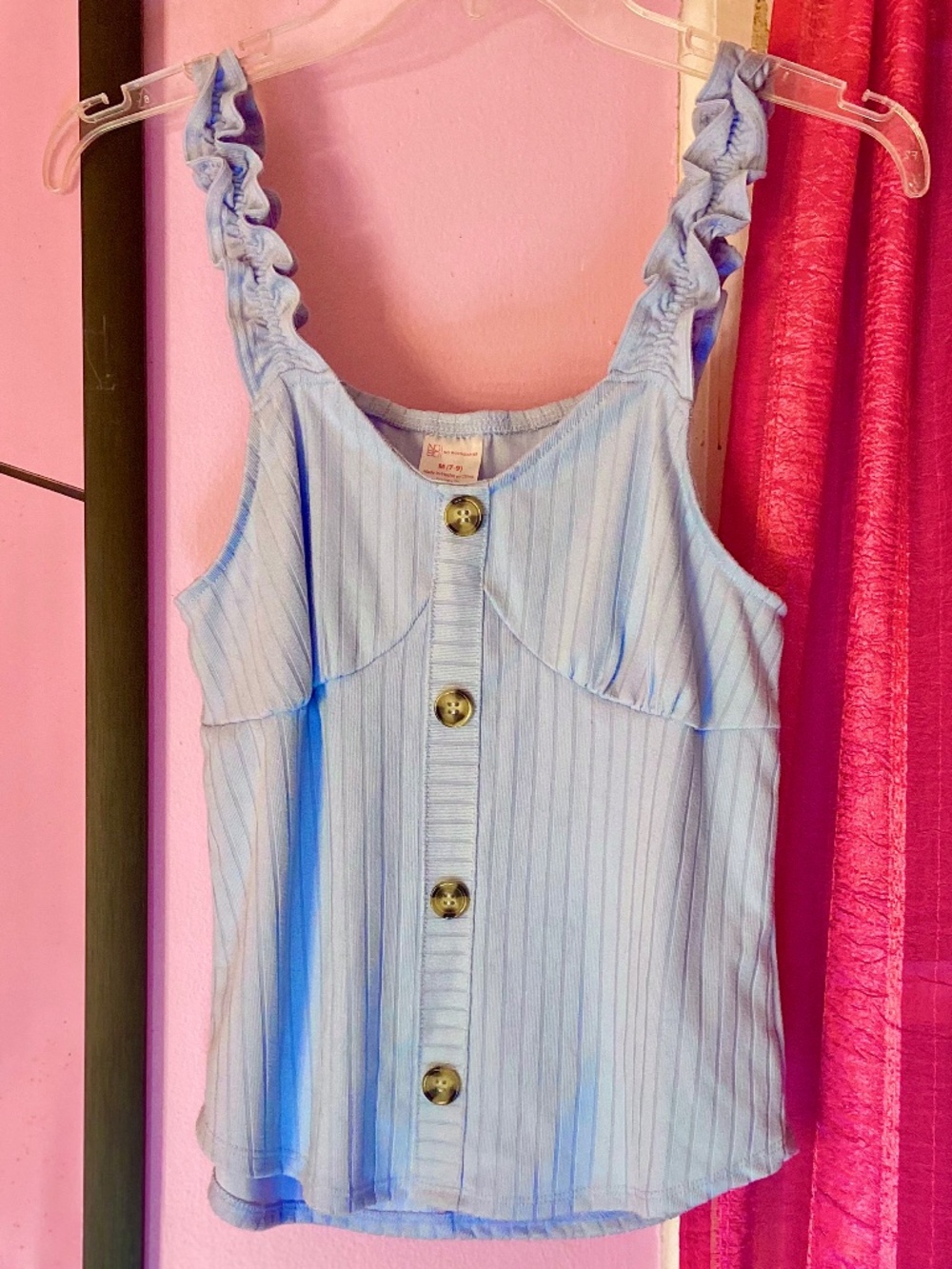No Boundaries Pale Blue Romantic Tank Top Ruffle Straps Ribbed Junior’s Med(7-9)